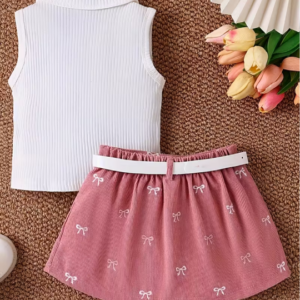 Sleeveless Top with a Bow And a Print Pleated Skirt