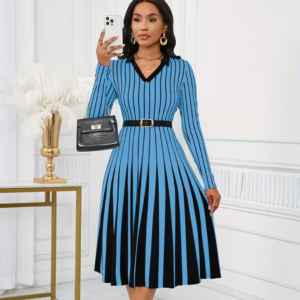 Elegant V-Neck Long Sleeve Geometric Stripe Dress