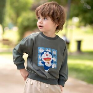 Angel Choices Doraemon Print Round Neck Blackish Green Hoodie