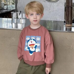 Angel Choices Doraemon Print Round Neck Coffee Brown Hoodie