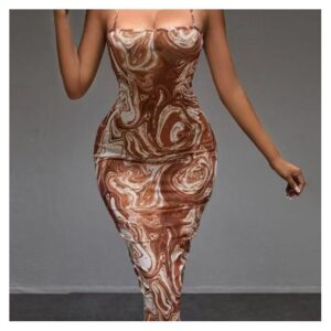 CALLIARA CALLIARA Women's Spaghetti Strap Bodycon Midi Dress - Marble Print, Brown/Gold