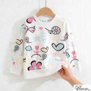 Catpapa Catpapa Girls Beige Long Sleeve Top - Cute Hand-Drawn Print, 4-7 Years, Active Wear