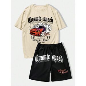 Dou-color Dou-color Unisex 2-in-1 Sports Car Style T-Shirt & Shorts Set - Brown Black, Sizes M-XXXL