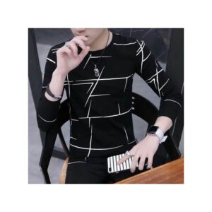 Dou-color Men's Fashion Long Sleeve Striped Shirt New Upgraded O-neck Casual T Shirt-Black