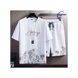 TOUPHY T-Shirts +Shorts 100% Cotton Men's Short Sleeve Set-White